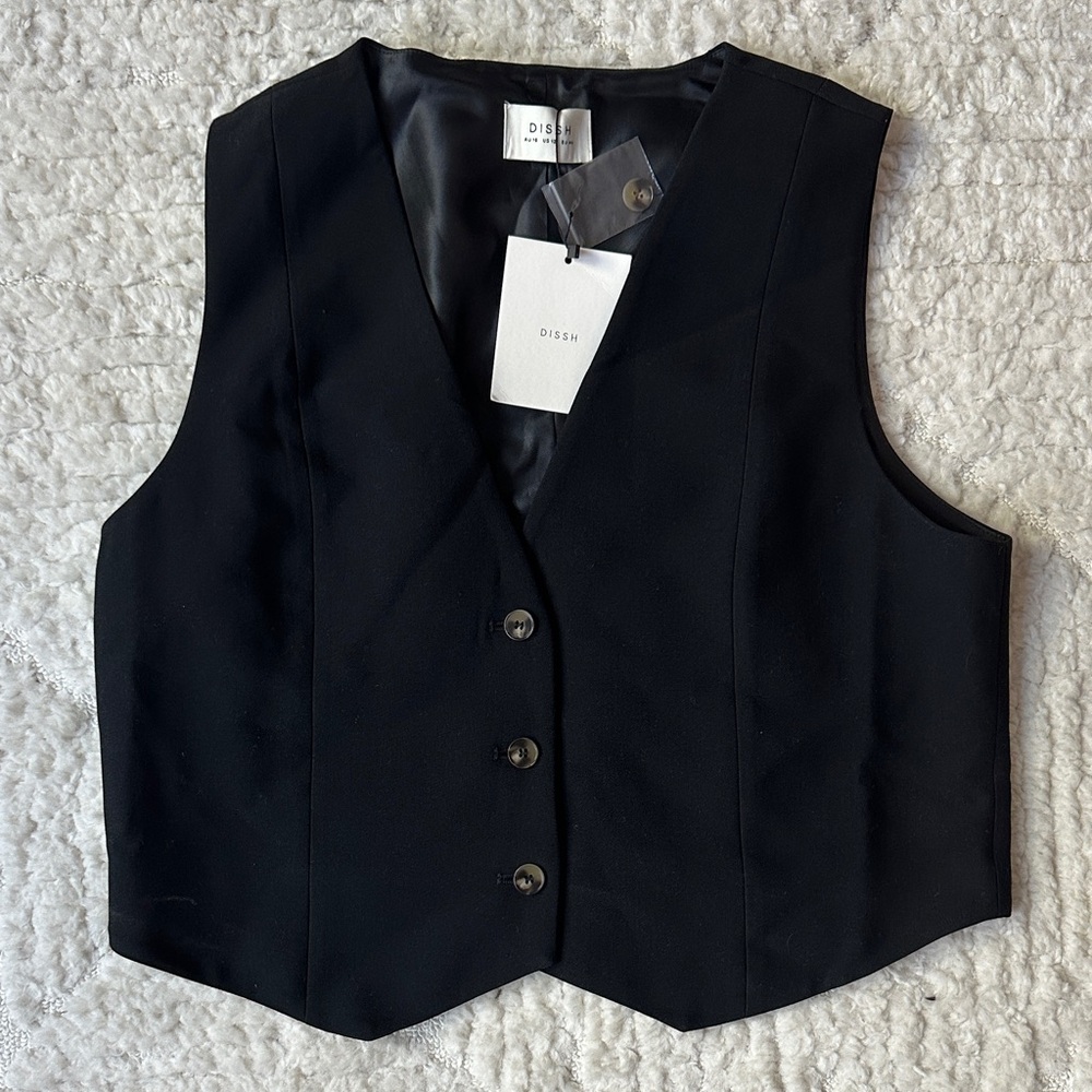 DISSH Black Tailored V-Neck Button Vest